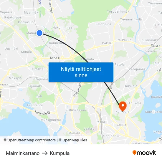 Malminkartano to Kumpula map