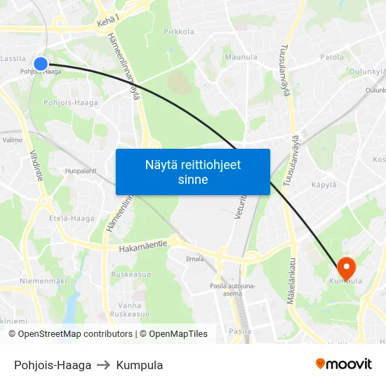 Pohjois-Haaga to Kumpula map