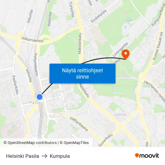 Helsinki Pasila to Kumpula map