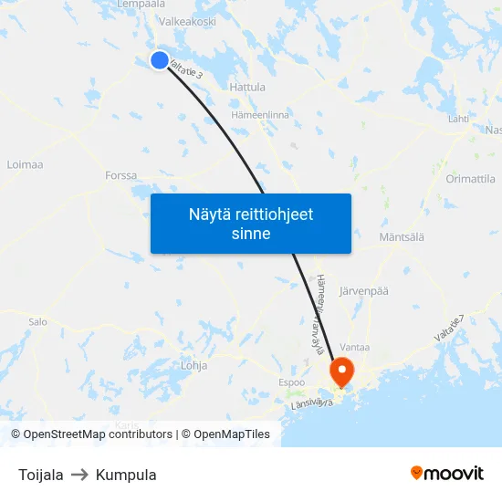 Toijala to Kumpula map