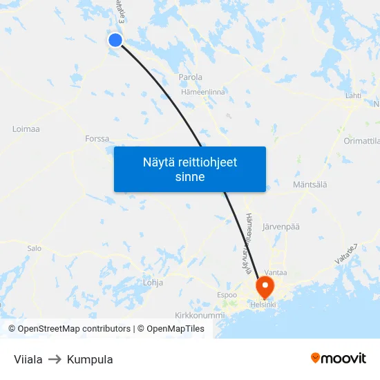 Viiala to Kumpula map