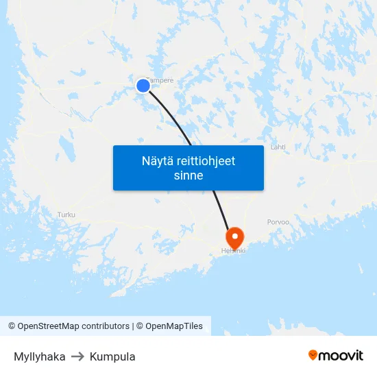 Myllyhaka to Kumpula map