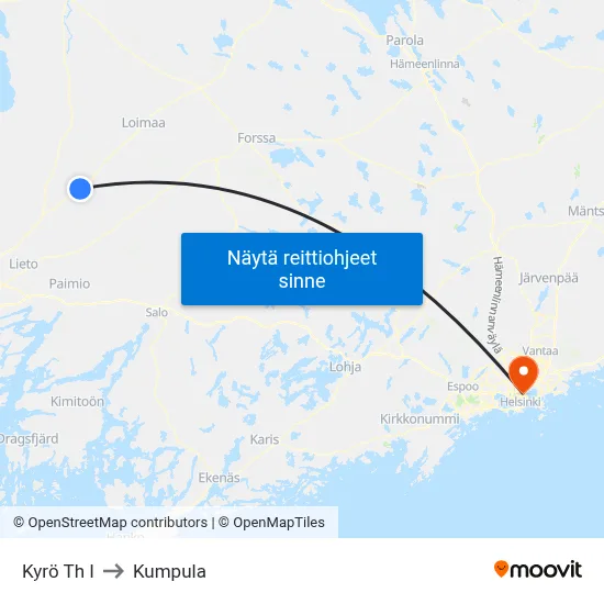 Kyrö Th I to Kumpula map