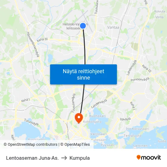 Lentoaseman Juna-As. to Kumpula map