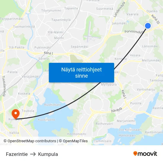 Fazerintie to Kumpula map