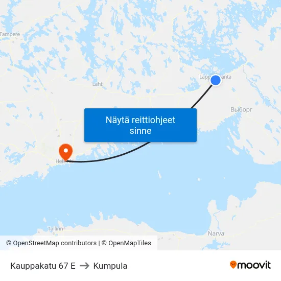 Kauppakatu 67 E to Kumpula map