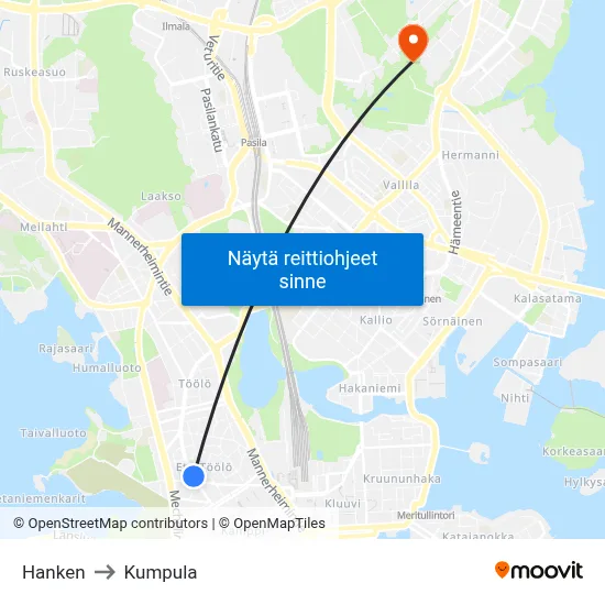 Hanken to Kumpula map
