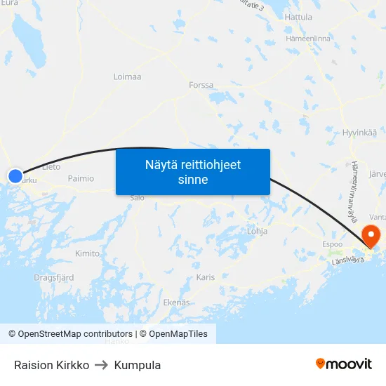 Raision Kirkko to Kumpula map