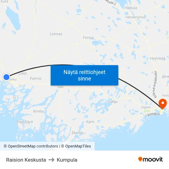 Raision Keskusta to Kumpula map
