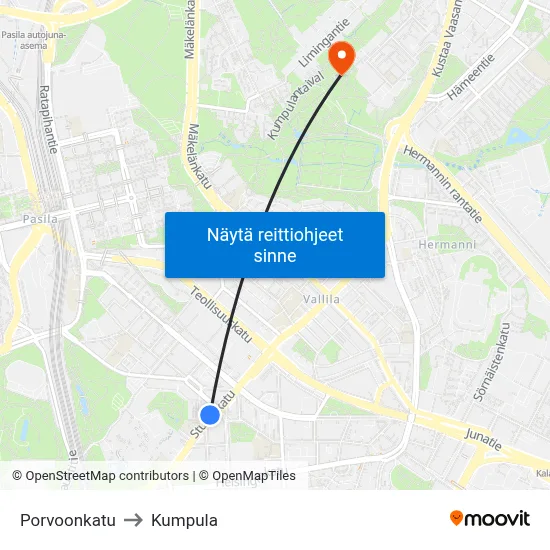 Porvoonkatu to Kumpula map