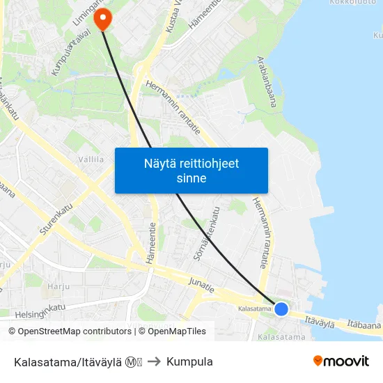 Kalasatama/Itäväylä Ⓜ️🛍️ to Kumpula map