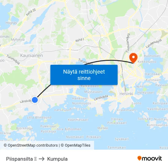 Piispansilta 🛍️ to Kumpula map