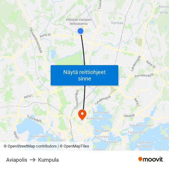 Aviapolis to Kumpula map