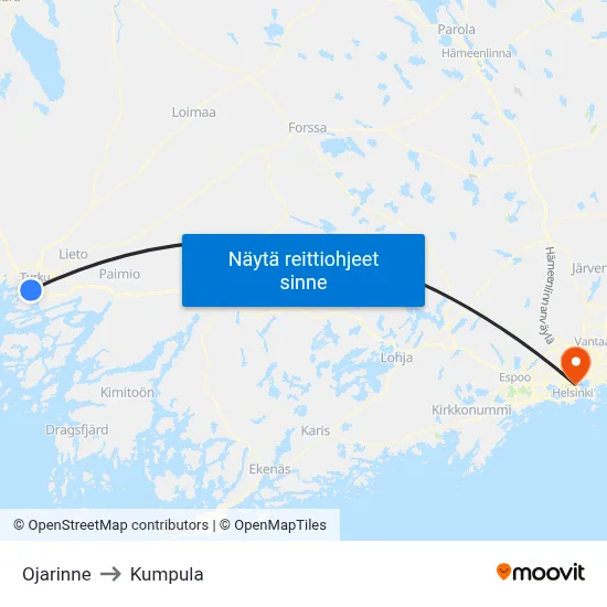 Ojarinne to Kumpula map