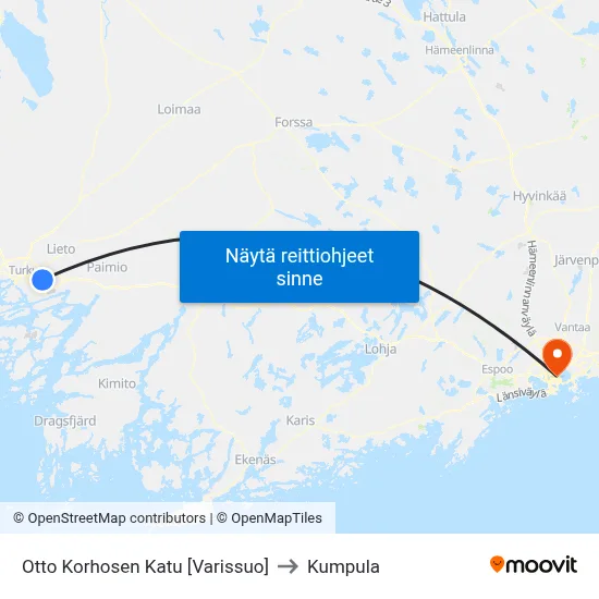 Otto Korhosen Katu [Varissuo] to Kumpula map