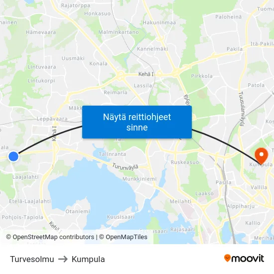 Turvesolmu to Kumpula map