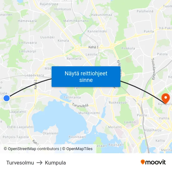 Turvesolmu to Kumpula map