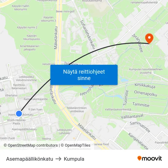 Asemapäällikönkatu to Kumpula map