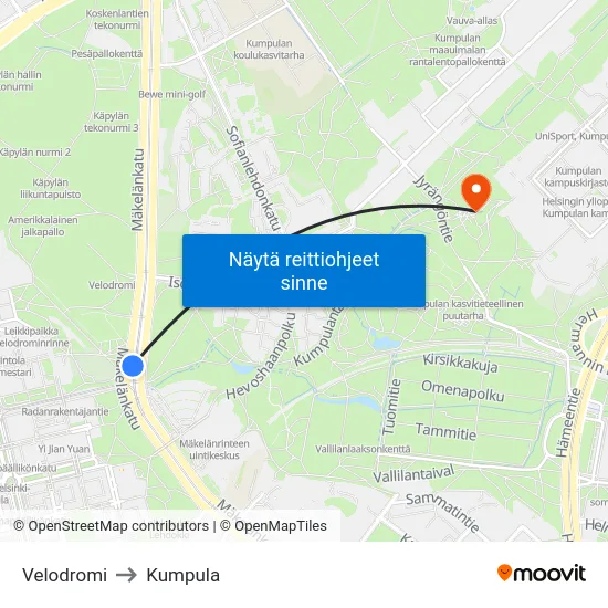 Velodromi to Kumpula map