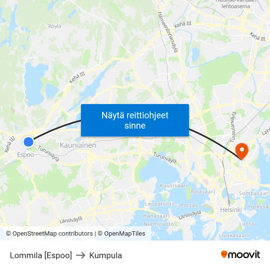 Lommila [Espoo] to Kumpula map