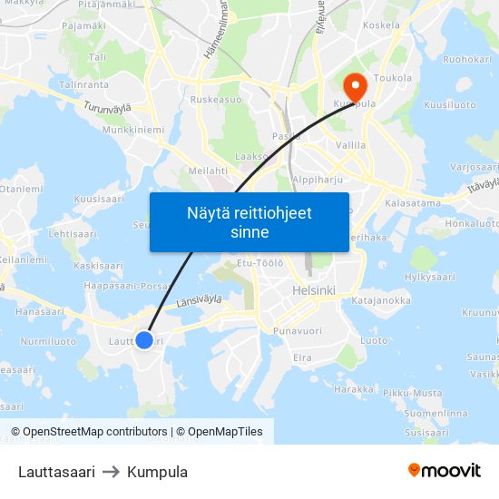 Lauttasaari to Kumpula map