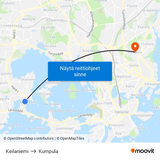 Keilaniemi to Kumpula map