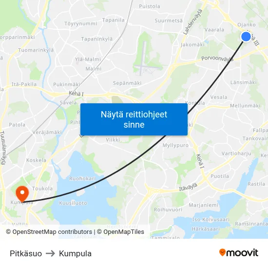 Pitkäsuo to Kumpula map