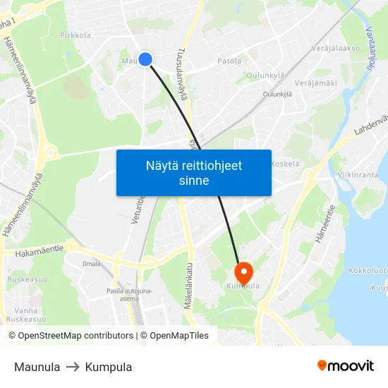 Maunula to Kumpula map