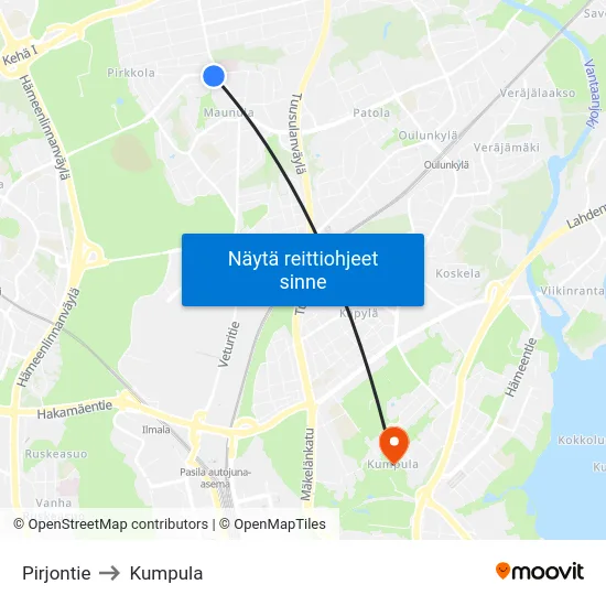 Pirjontie to Kumpula map