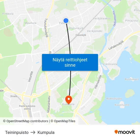 Teininpuisto to Kumpula map