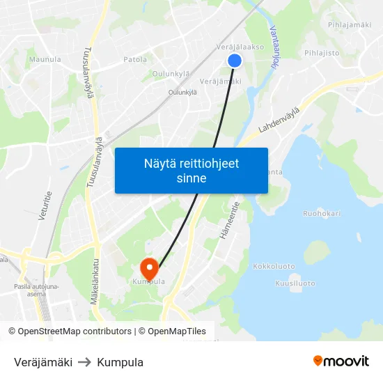 Veräjämäki to Kumpula map