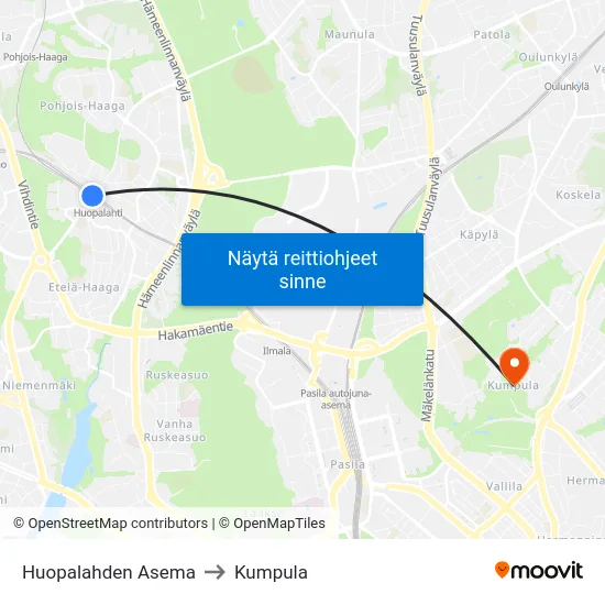 Huopalahden Asema to Kumpula map