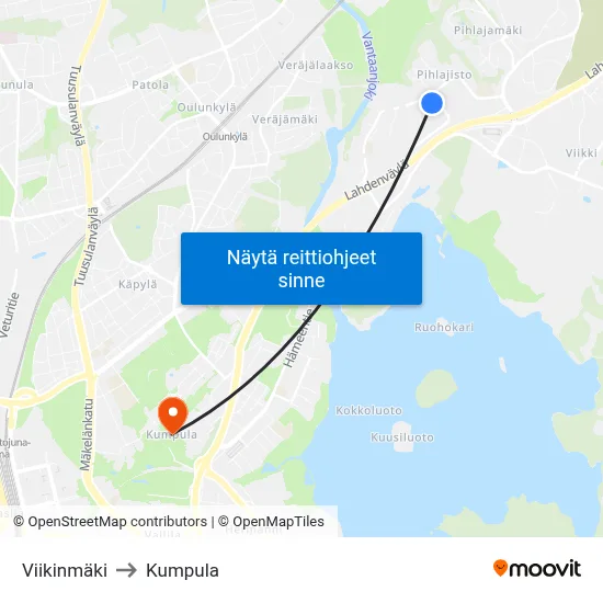 Viikinmäki to Kumpula map