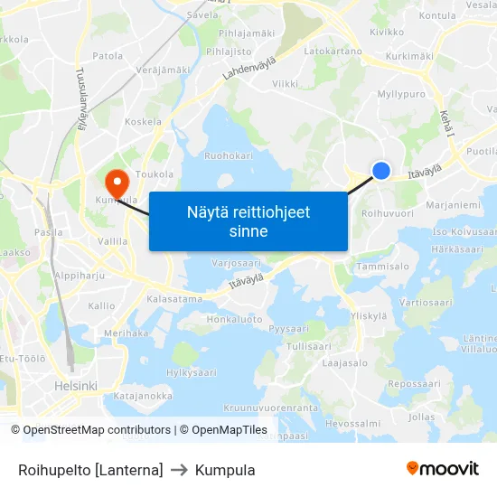 Roihupelto [Lanterna] to Kumpula map