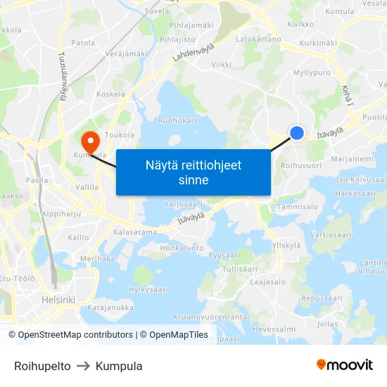 Roihupelto [Lanterna] to Kumpula map