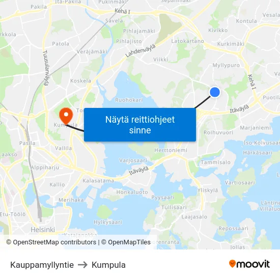 Kauppamyllyntie to Kumpula map