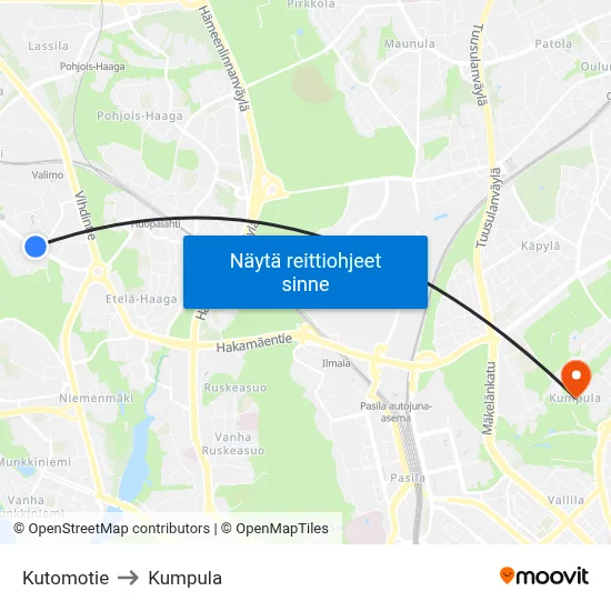 Kutomotie to Kumpula map