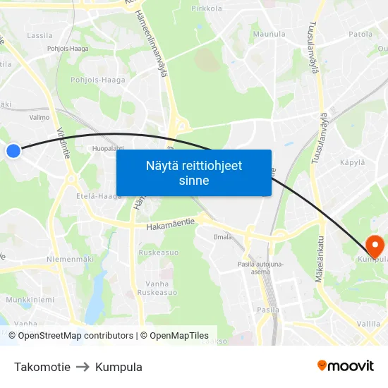Takomotie to Kumpula map