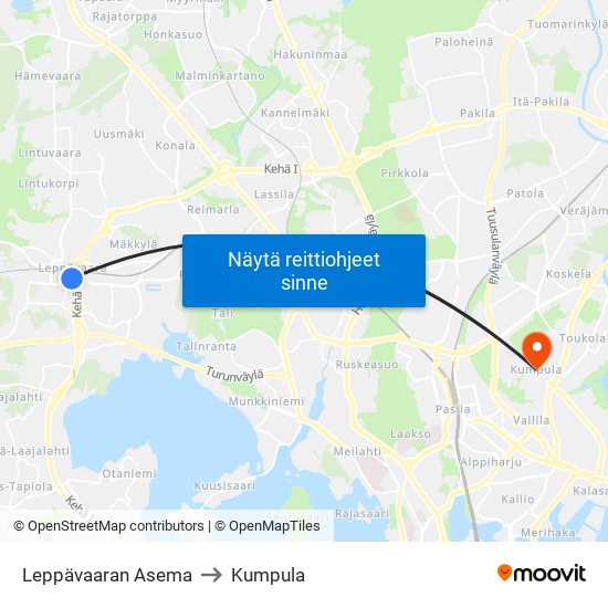 Leppävaaran Asema to Kumpula map
