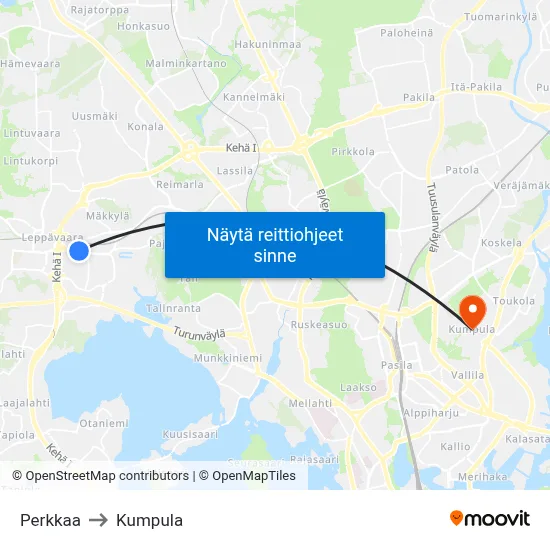 Perkkaa to Kumpula map