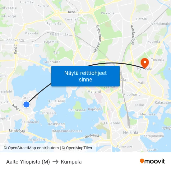 Aalto-Yliopisto (M) to Kumpula map