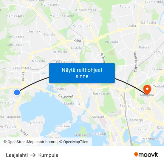 Laajalahti to Kumpula map