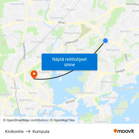 Kivikontie to Kumpula map