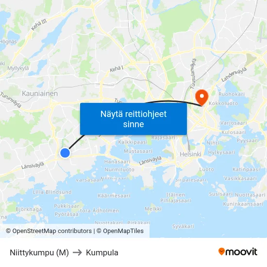 Niittykumpu (M) to Kumpula map