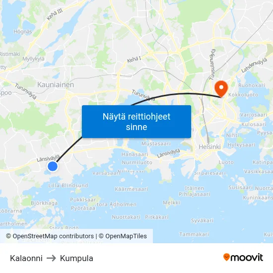 Kalaonni to Kumpula map