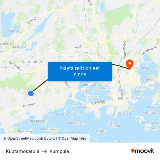 Kuutamokatu 8 to Kumpula map