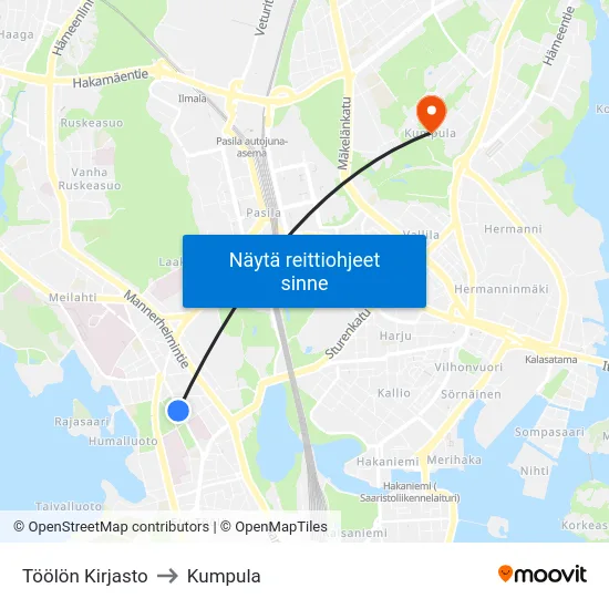 Töölön Kirjasto to Kumpula map
