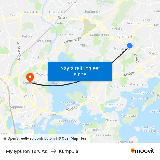 Myllypuron Terv.As. to Kumpula map