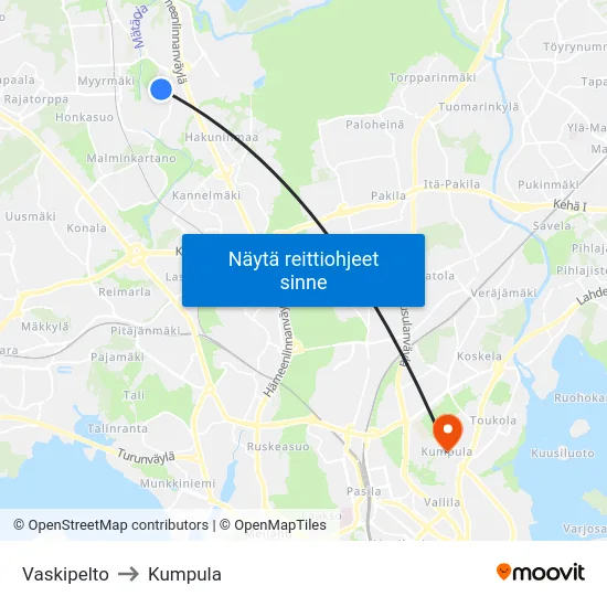 Vaskipelto to Kumpula map