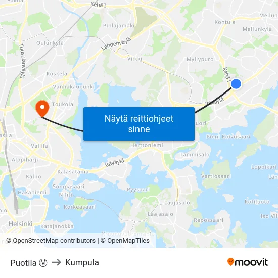 Puotila Ⓜ️ to Kumpula map